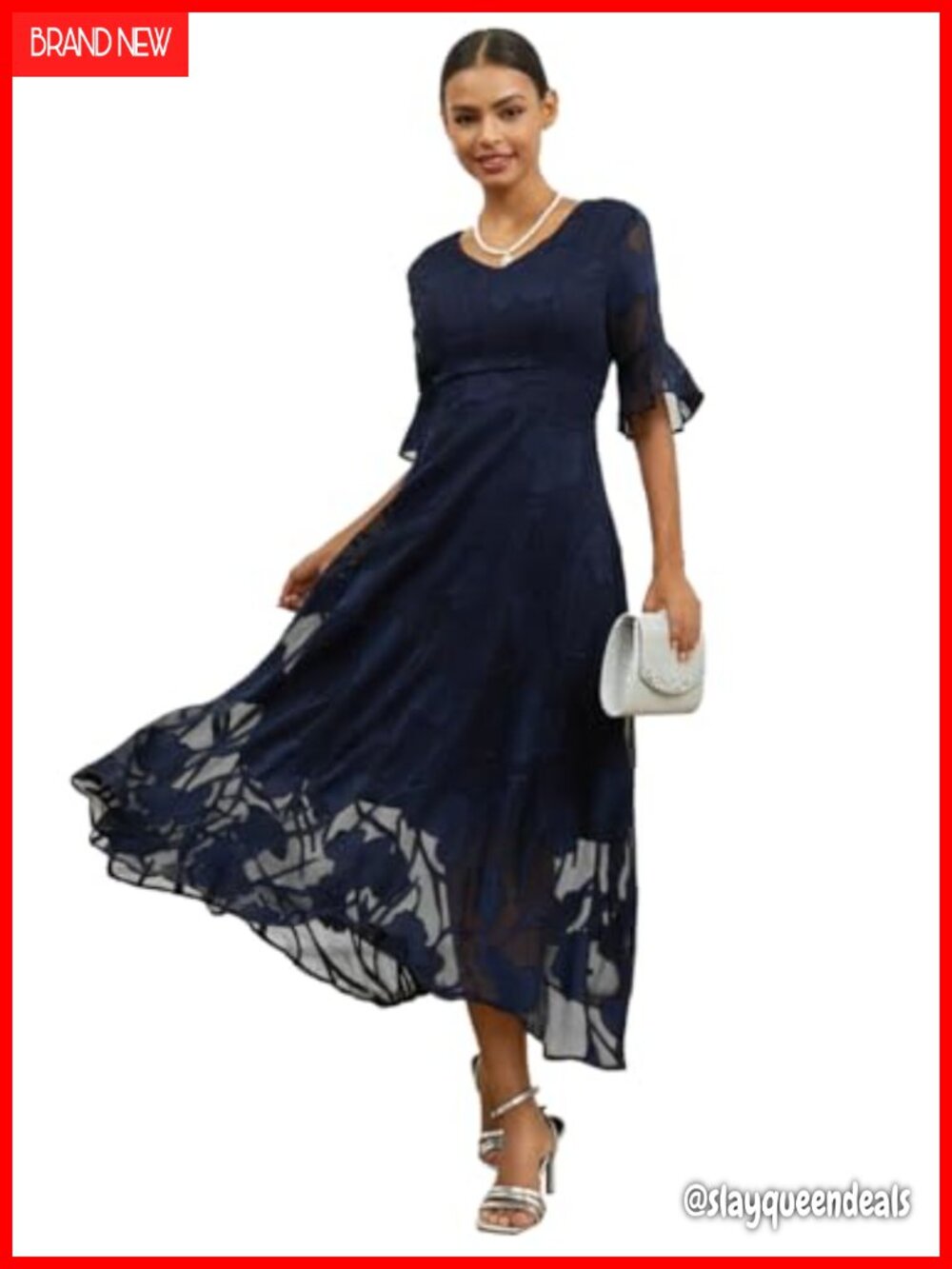 Chiffon Ruffle Lace Maxi Dress V-Neck Flutter Sleeve Wedding Guest